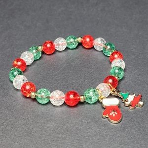 Christmas Beaded Charm Stretch Bracelet Crackle Beads Handmade